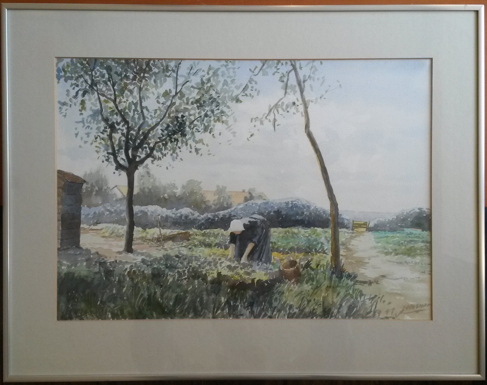 W.H. (Willem) Heytman (1950), Boerin in bloemenveld, aquarel op papier, gesign. kopen? Bied vanaf 85!