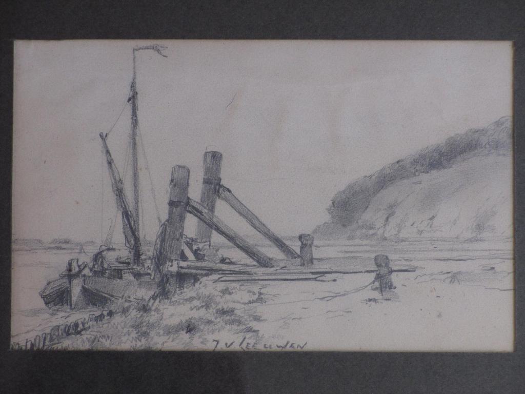 J.van Leeuwen, Afgemeerd schip aan de Nederrijn, Tekening kopen? Bied vanaf 1!
