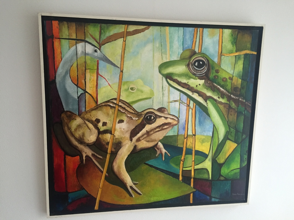 Pieter Vriends: KIKKERS - groot kleurrijk werk (olieverf), ca. 110 x 100 verkocht voor € 350!