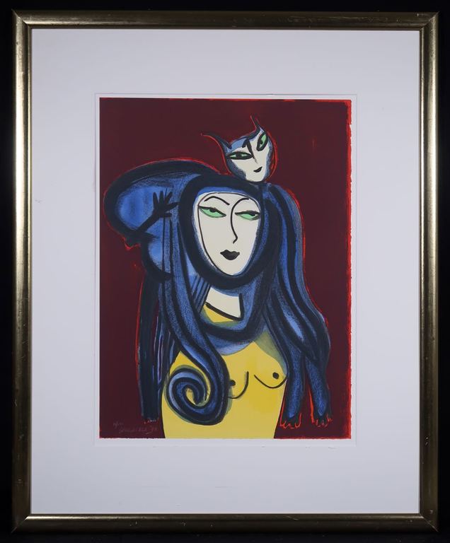 Corneille: Lithografie, Femme et chat - Ingelijst (Groot) verkocht voor € 230!