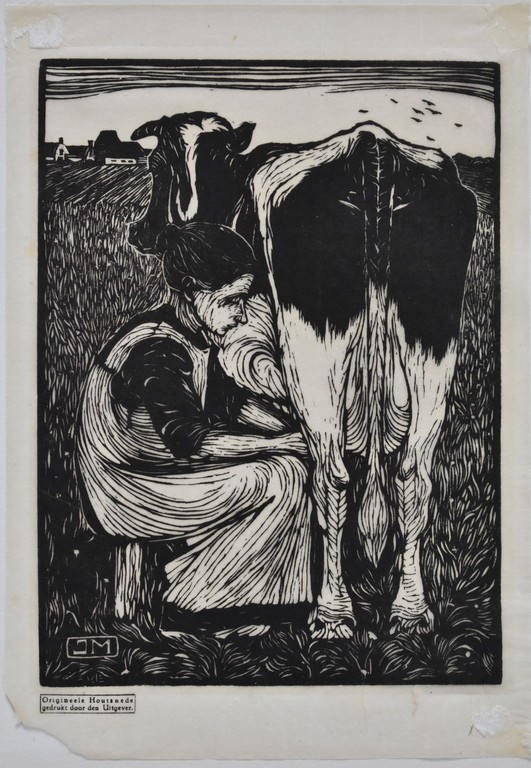 Jan MANKES (1889-1920), Koemelkster, houtddruk. kopen? Bied vanaf 200!