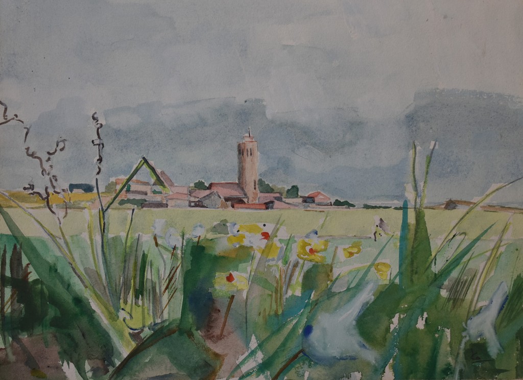 Ko van Velsen (1953 Badhoevedorp ), Aquarel, dorpsgezicht. kopen? Bied vanaf 1!