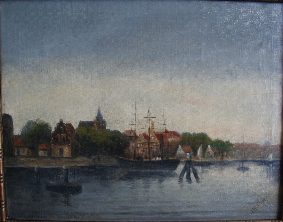 J.M.W. Kessler, olieverf op doek, zeilschip nabij de stadskade kopen? Bied vanaf 50!