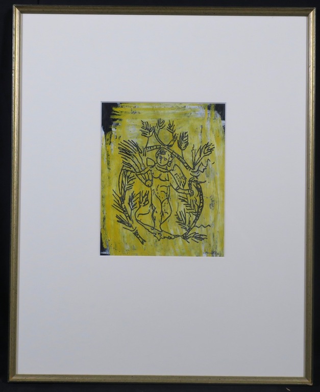 Onbekend gesigneerd: Acryl op papier, Engel - Ingelijst kopen? Bied vanaf 1!