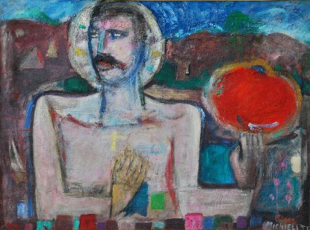 Groot schilderij Etienne Elias: Heilige uit 1955 (!)  verkocht voor € 1050!