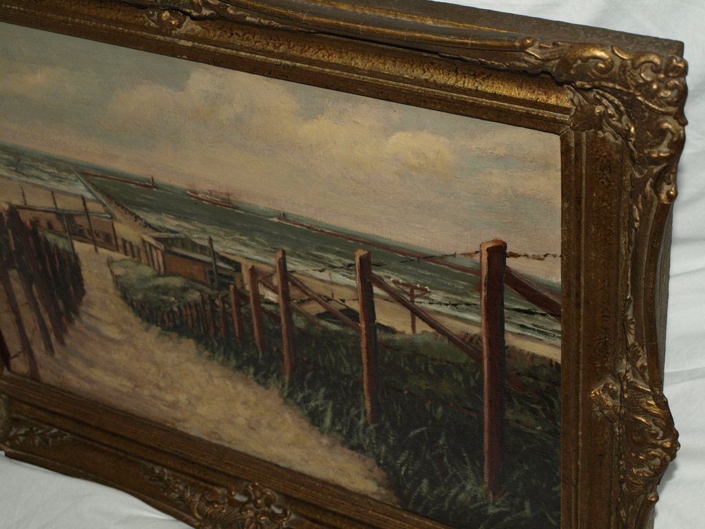 Onduidelijke signatuur : Olieverf op canvas – IJmuiden met pier– Ingelijst–1936  kopen? Bied vanaf 1!