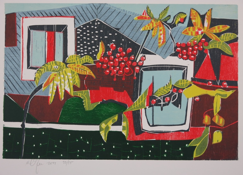 Vincent van Ojen: Houtsnede, Compositie met bessentakjes verkocht voor € 55!