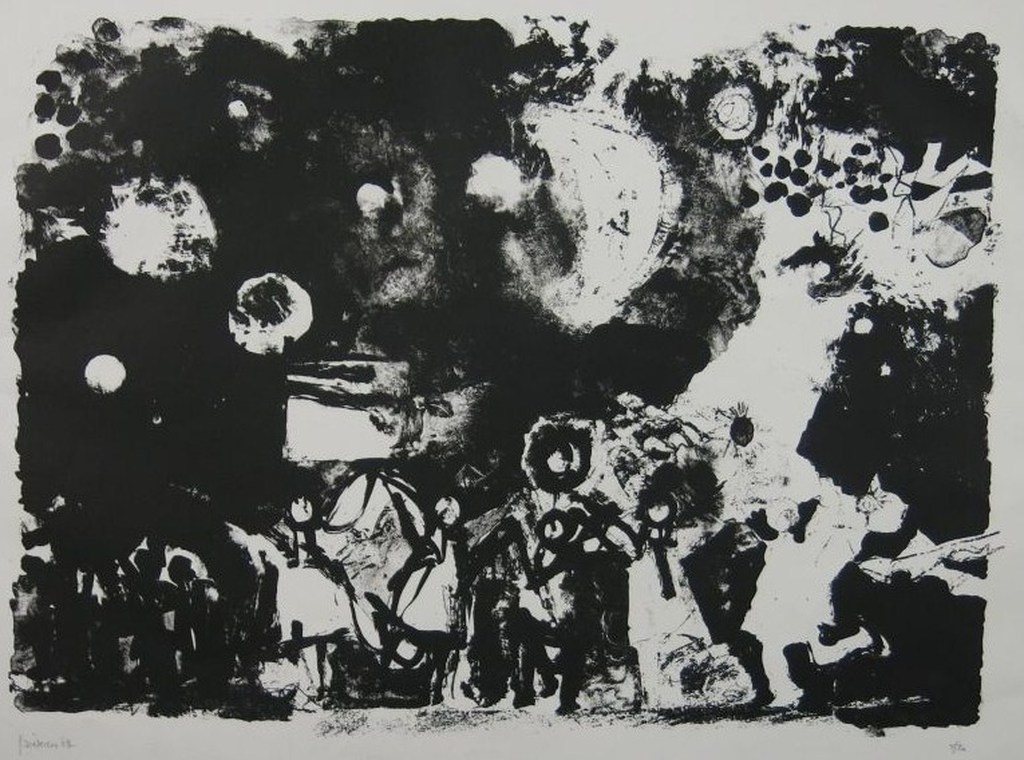 Jef Diederen: Litho, Figuren zwart op wit verkocht voor € 55!
