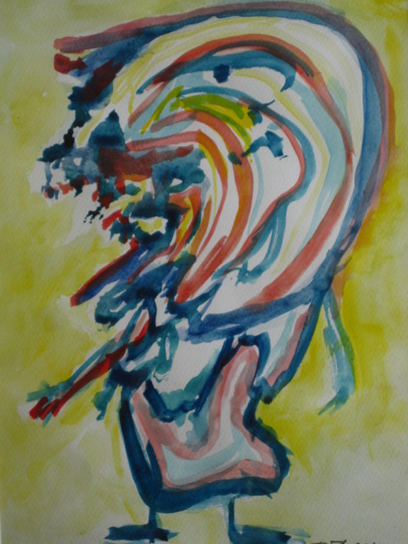 Deense Neo-Cobra kunstenaar Finn Pedersen (1944-) aquarel "figuur" gesigneerd  verkocht voor € 220!