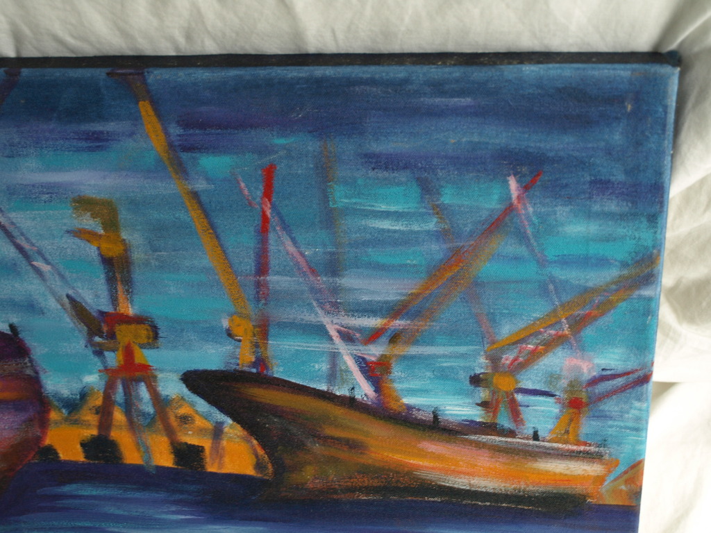 Onduidelijke signatuur: Acrylverf op doek – Haven – 50 x 70 cm.  kopen? Bied vanaf 25!