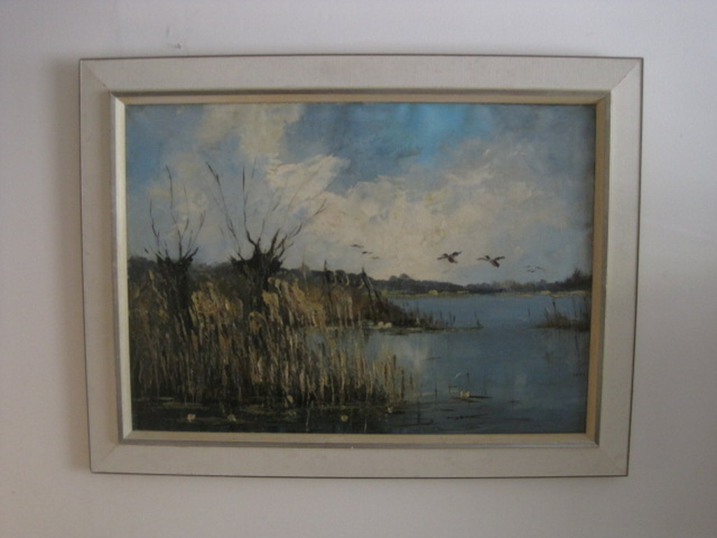 (1235) GROOT olieverf "opvliegende eenden boven plas" van Peter Brouwer 1935 verkocht voor € 90!