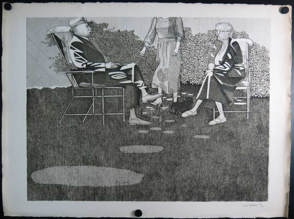 Aat Verhoog: Grote ets, Zonder titel (drie personen in een tuin) kopen? Bied vanaf 1!