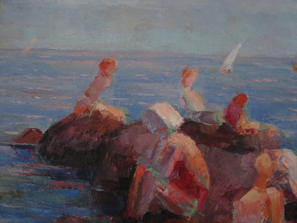 kleurrijk olieverfschilderij "zwemplezieraan de kust" onduidelijk gesigneerd  kopen? Bied vanaf 1!