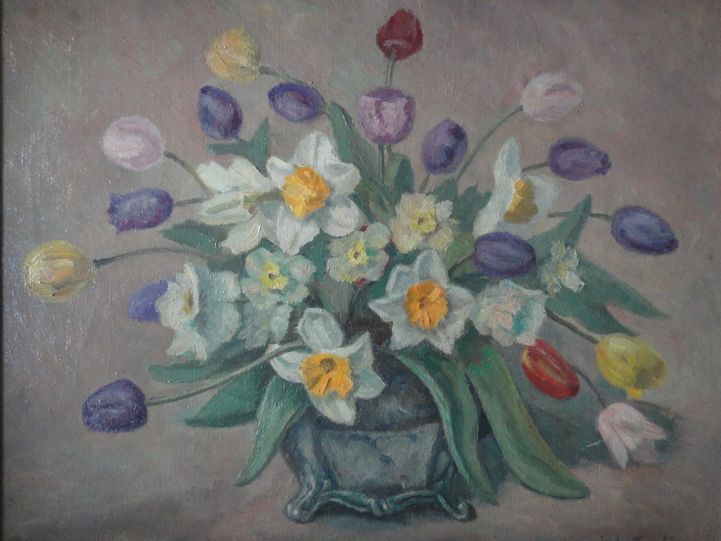 Johan Spaling, olieverf op doek, voorjaarsboeket met tulpen en narcissen verkocht voor € 300!