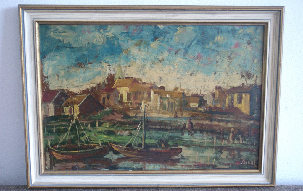 dorp aan het water - olieverf ingelijst kopen? Bied vanaf 75!