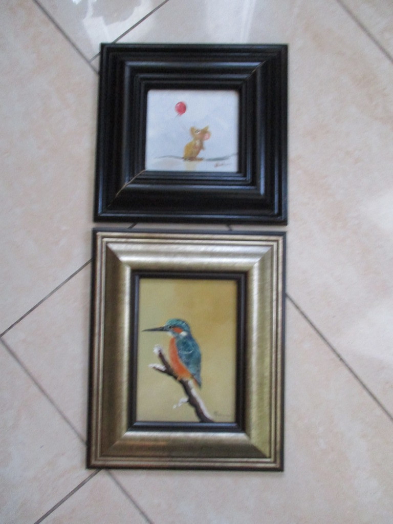 Henk Poeder - Henk Poeder , 2 schilderijen, Muisje met ballon / ijsvogel verkocht voor € 50!