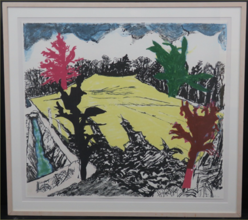Hans Ebeling Koning: Zeefdruk, Landschap (geel) -Ingelijst verkocht voor € 35!