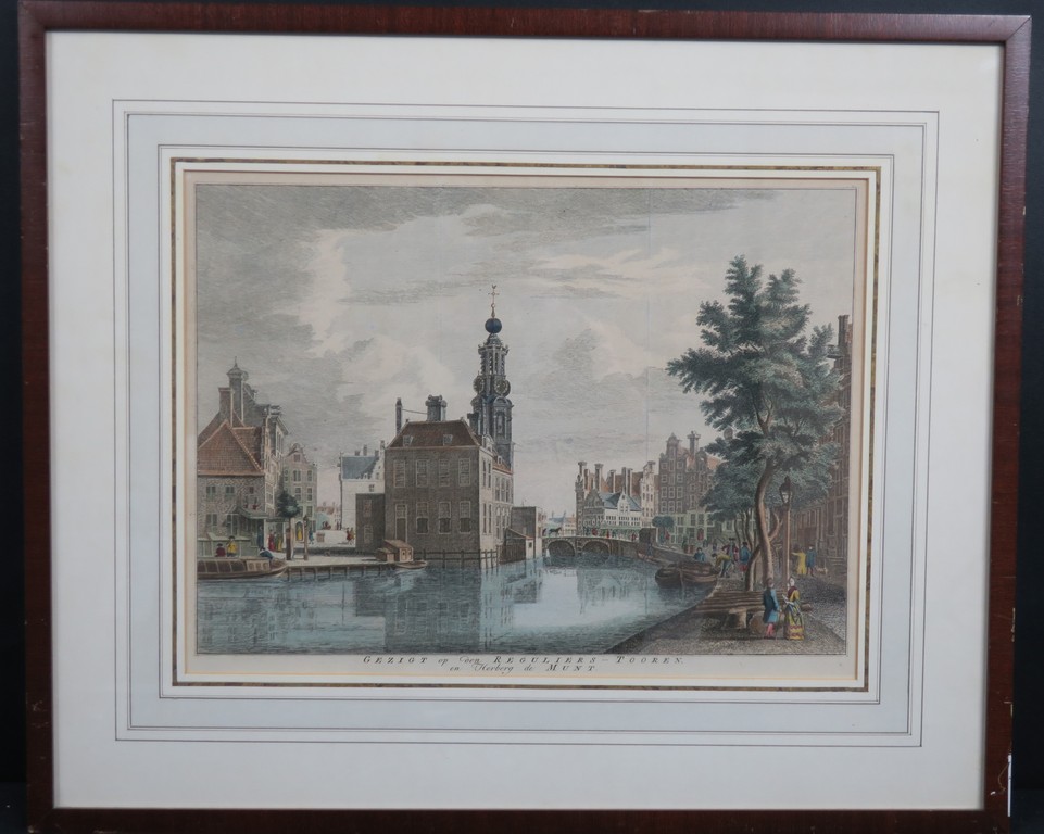 Jacob Folkema: Handgekleurde Kopergravure, Gezigt op den Reguliers-Tooren -Lijst kopen? Bied vanaf 60!