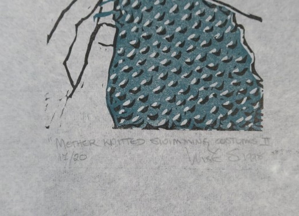 Onbekend gesigneerd: Houtsnede op Rijstpapier, Mother knitted swimming costumes  kopen? Bied vanaf 1!