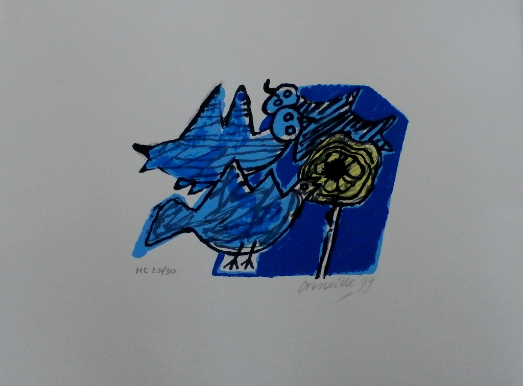 Corneille - zeefdruk: Les Oiseaux Bleus Et Flaure Jaune - 1999 verkocht voor € 99!