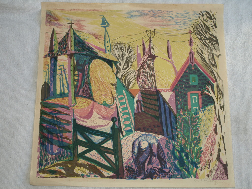 Nicolaas Wijnberg (1918-2006) – Kleurenlitho – Dorpsgezicht – Gesigneerd - 1947 kopen? Bied vanaf 50!
