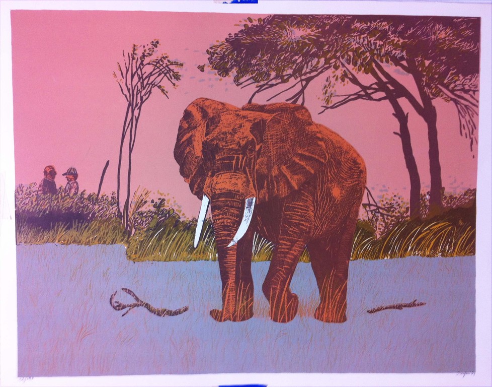 Antonio Segui, kleurenlitho OLIFANT ( blauw)  verkocht voor € 50!