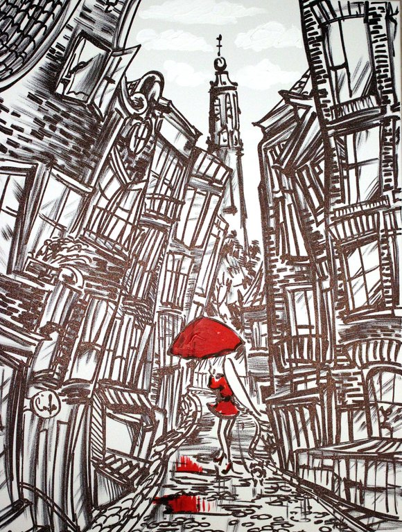 Elena Polyakova: Acrylverf , Wandeling in Amsterdam verkocht voor € 200!