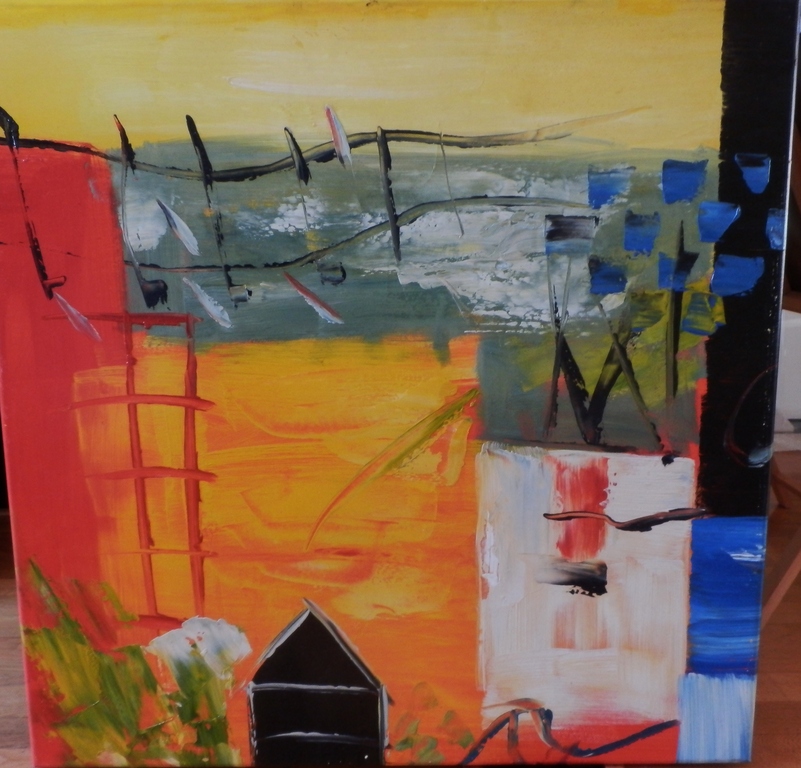 HAN TENG Schilderij Olieverf op linnen COMPOSITIE IN ROOD EN GEEL Handgesign. verkocht voor € 165!