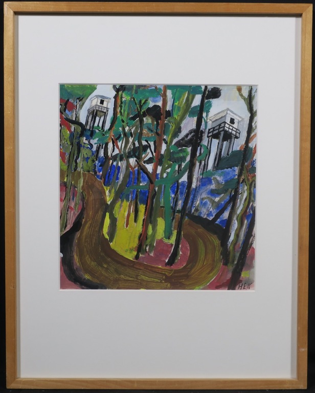 Hans Ebeling Koning: Acryl en potlood, Uitkijktorens - Ingelijst verkocht voor € 55!