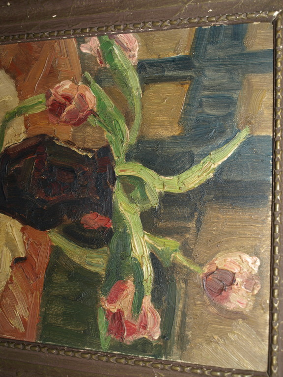 Onduidelijke signatuur : Olieverf op paneel – Vaas tulpen – Ingelijst - Oud kopen? Bied vanaf 1!