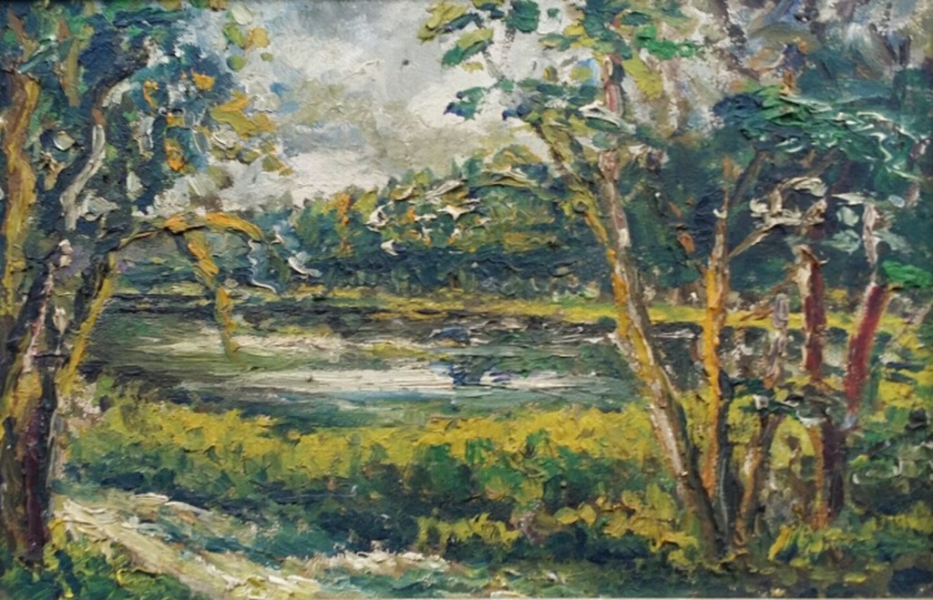 Onbekend, Olieverf op hout, Bosgezicht met ven kopen? Bied vanaf 5!