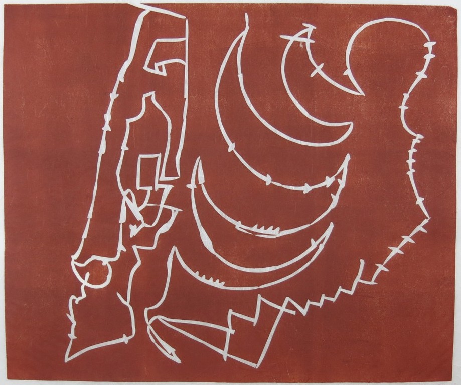 Wim Izaks: Lino op rijstpapier, Zonder titel rood (groot) verkocht voor € 41!