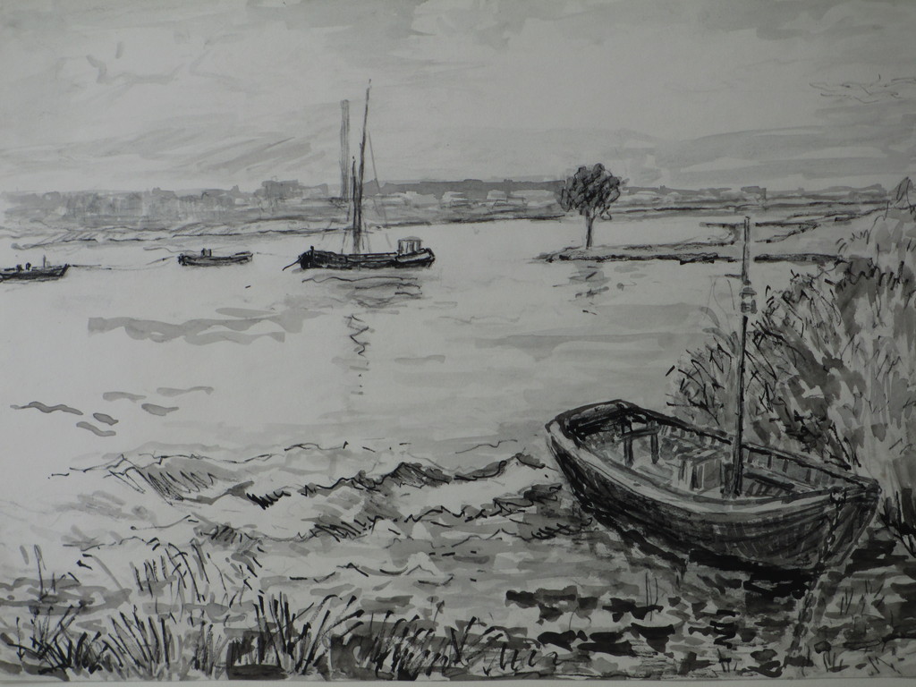 Willem Jans Dijk, De Nederrijn bij Renkum, Inkt/Aquarel kopen? Bied vanaf 1!