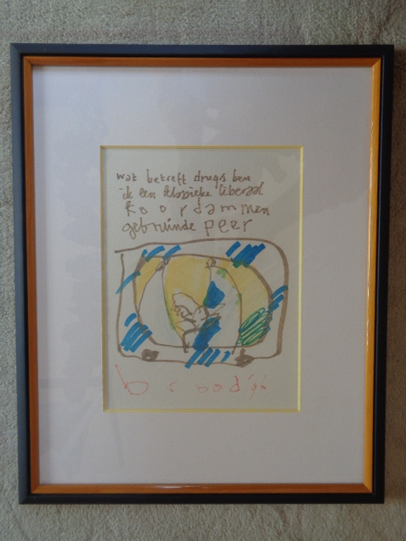 Herman Brood: Viltstift tekening met tekst, Wat betreft drugs verkocht voor € 315!