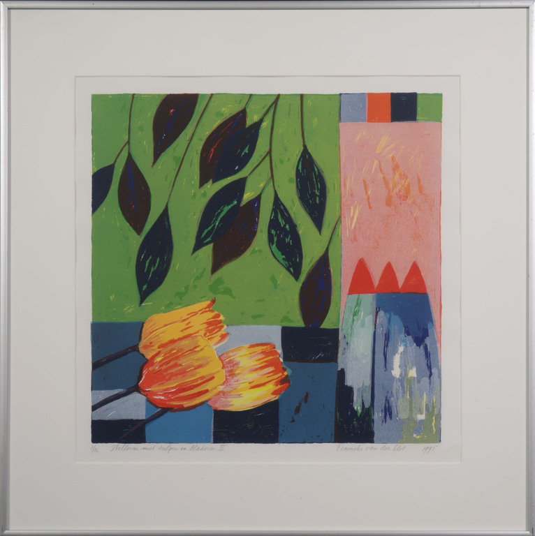 Fenneke van der Elst: Litho, Stilleven met tulpen en bladeren II - Ingelijst kopen? Bied vanaf 1!