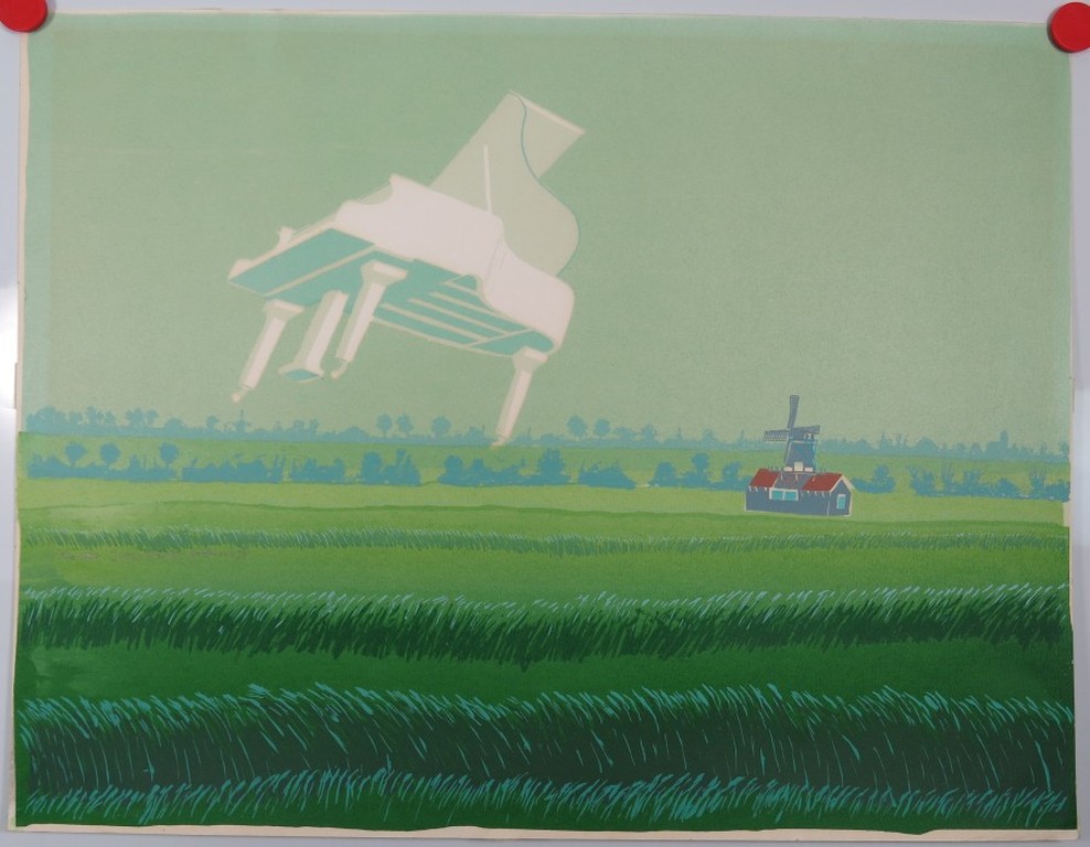 Victor Fontaine: Zeefdruk, Vleugel vliegend in polderlandschap kopen? Bied vanaf 35!