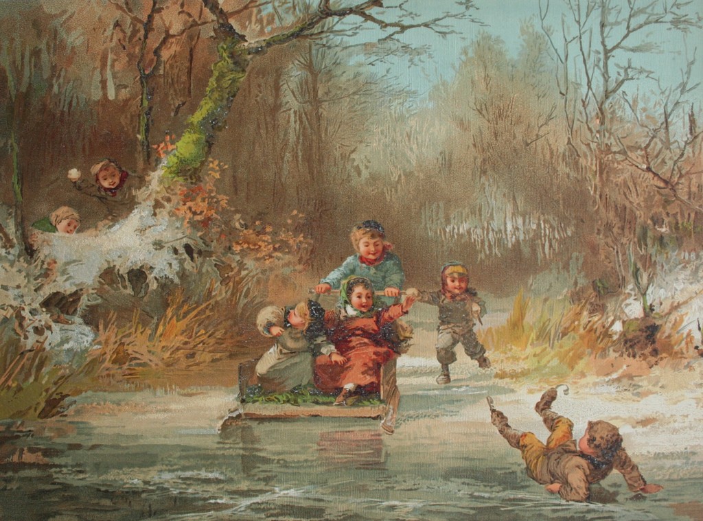 Lithografie - winters tafereel met spelende kinderen kopen? Bied vanaf 1!