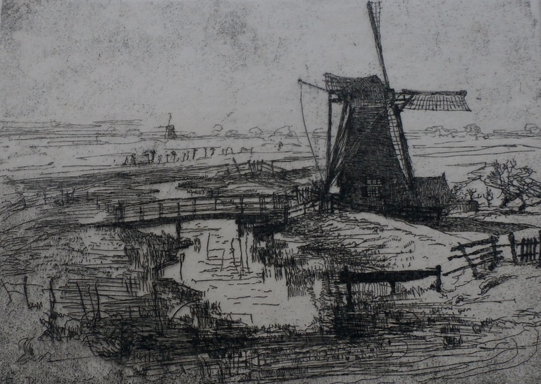 Frederika Broeksmit - ets: Landschap met molens  verkocht voor € 37!