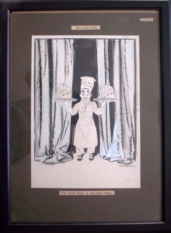 Piet van der Hem.Een goed begin is het halve werk: Nieuwjaar 1932 verkocht voor € 300!