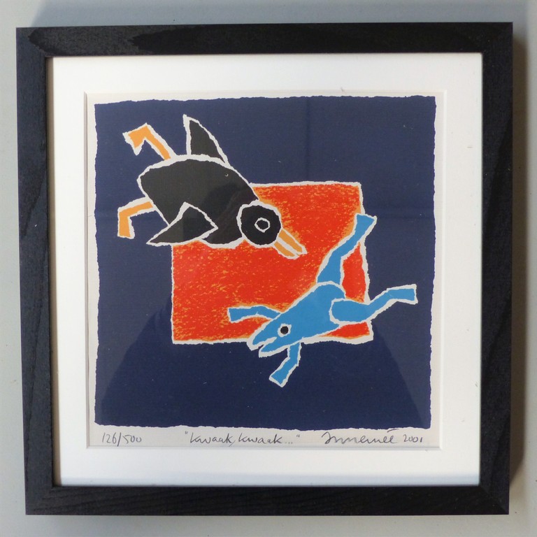 Hans Innemee, zeefdruk op papier in lijst, Titel; kwaak kwaak,handgesigneerd verkocht voor € 50!