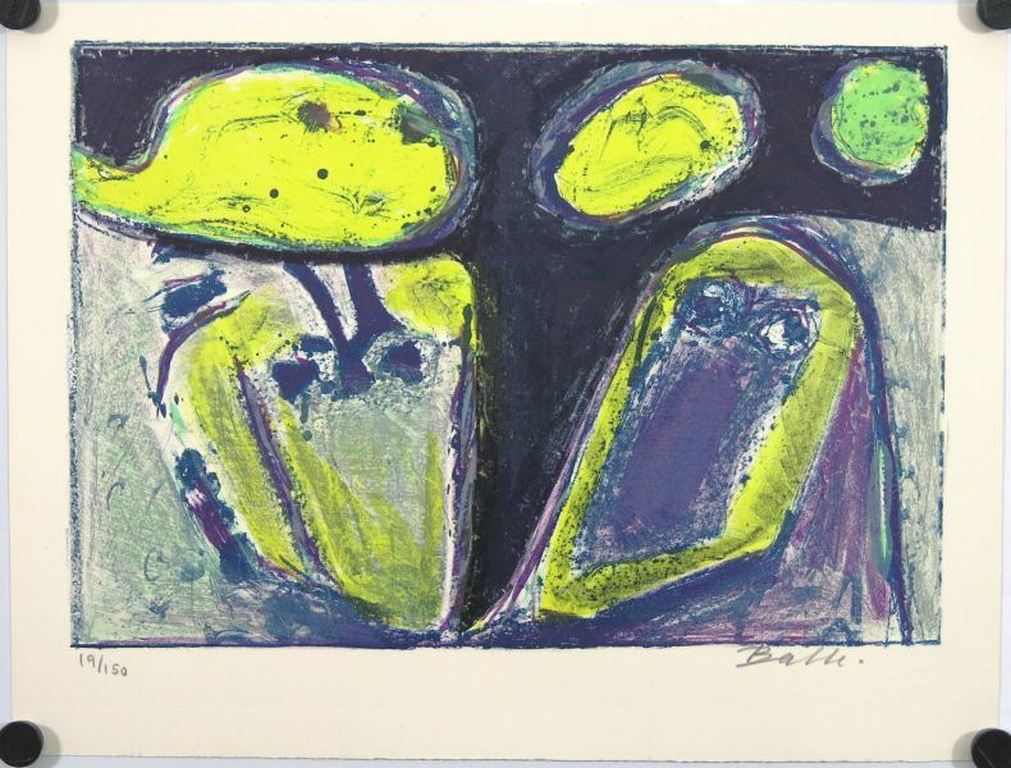 Mogens Balle: Kleurenlitho, Figuren paars en geel (CoBrA) verkocht voor € 120!