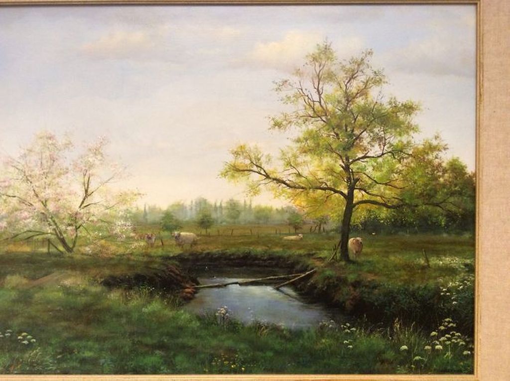 Landschap met beekje en schapen - olieverf op paneel - gesigneerd kopen? Bied vanaf 495!