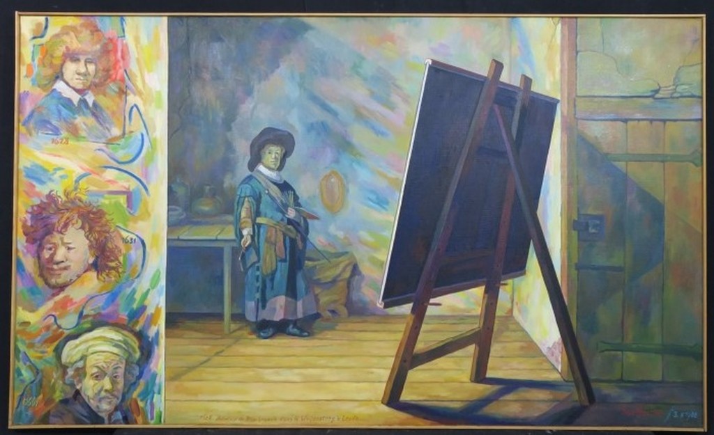 Jan van Holthe: Olieverf op doek, Atelier de Rembrandt - Ingelijst (Zeer groot) kopen? Bied vanaf 200!