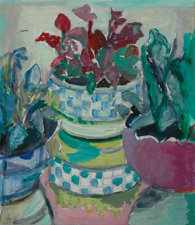 Hans Ebeling Koning, acrylverf op papier, bloempotten verkocht voor € 65!