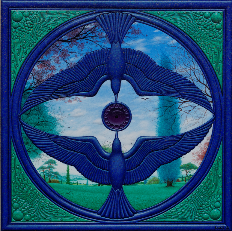 Bodi Rongen: landschap achter vogels, kleurpotlood en gouache kopen? Bied vanaf 300!