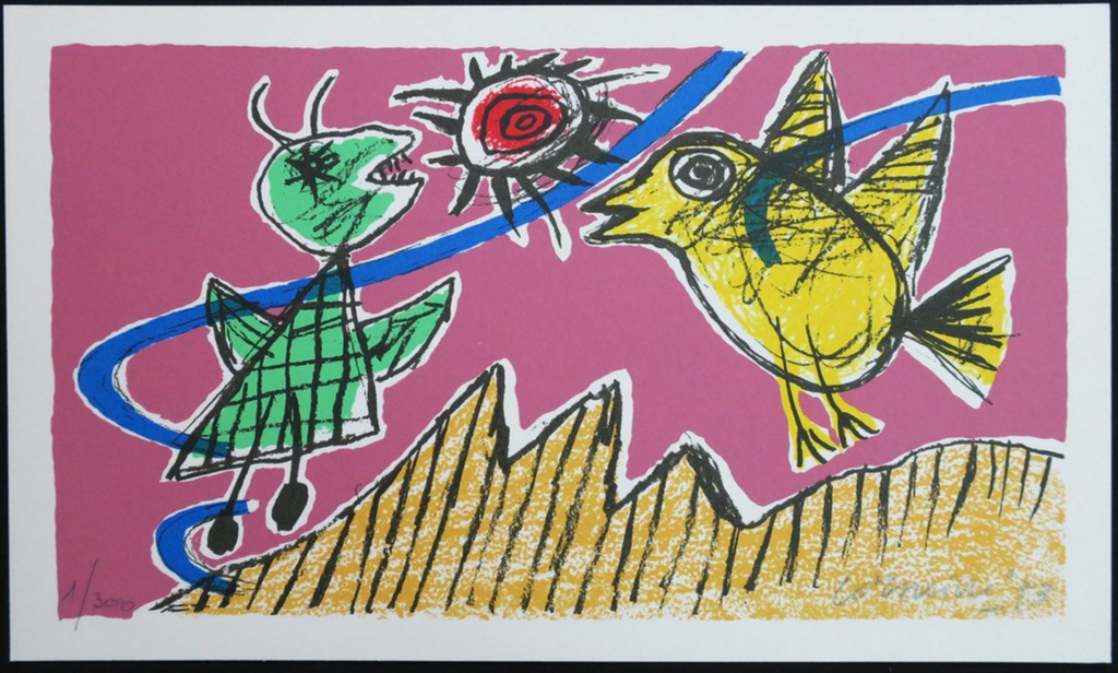 Corneille: Zeefdruk, Z.T. Groen figuur en gele vogel verkocht voor € 50!