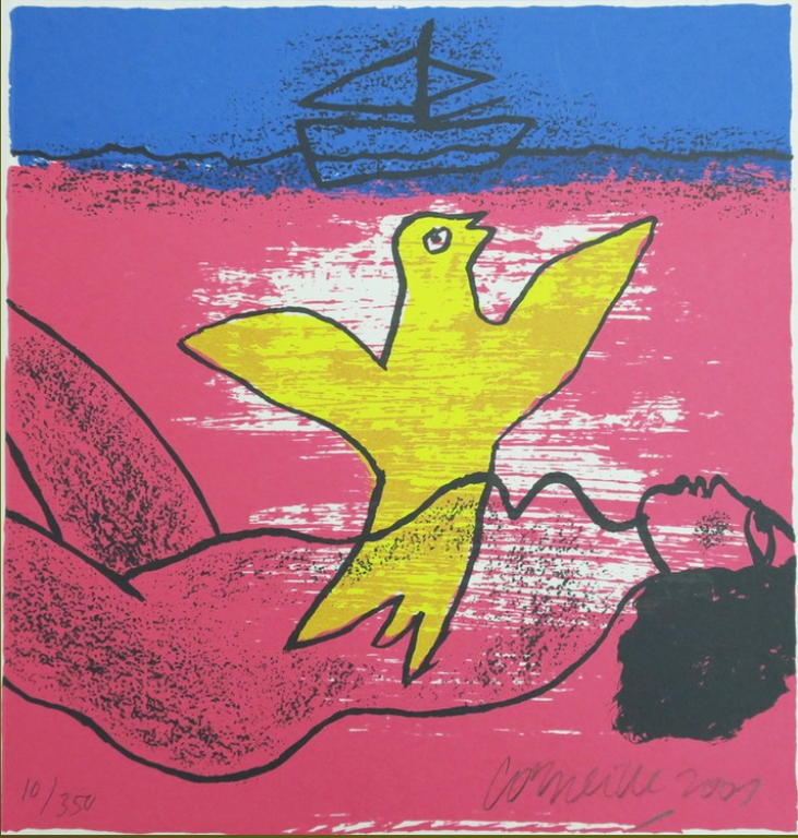 Corneille: Zeefdruk, Z.T. Vrouw zeilboot en gele vogel verkocht voor € 40!