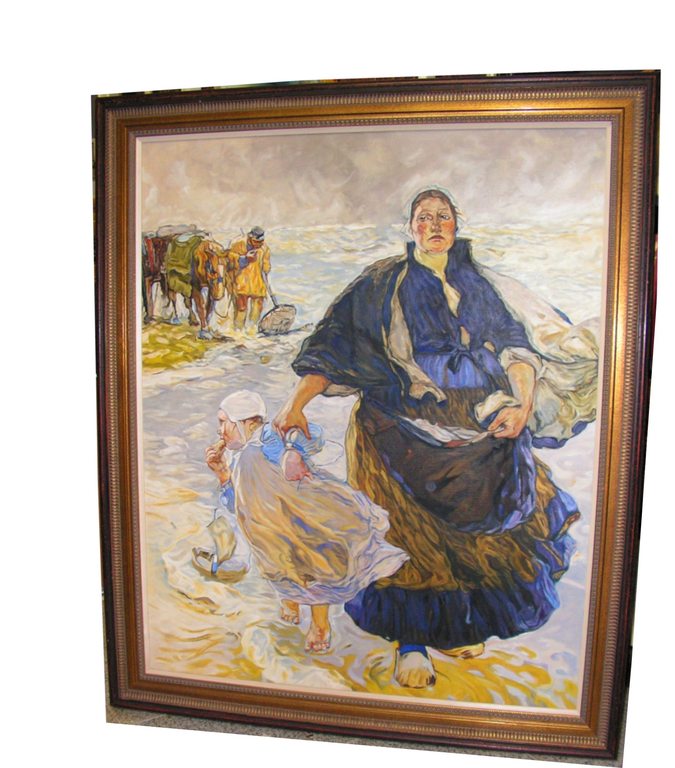 Onbekende kunstenaar  -  schelpenvisser met vrouw en kind op het strand.  verkocht voor € 181!