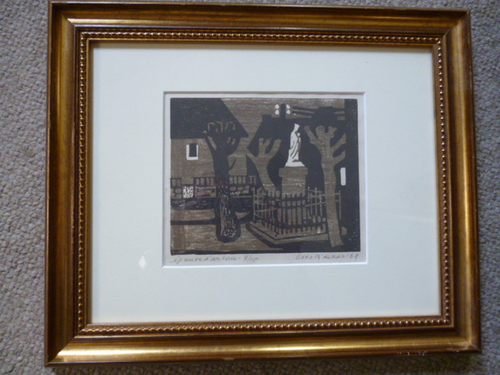 Otto B. de Kat - kleurenlinosnede - Dorpsplein St. Hippolyte kopen? Bied vanaf 70!