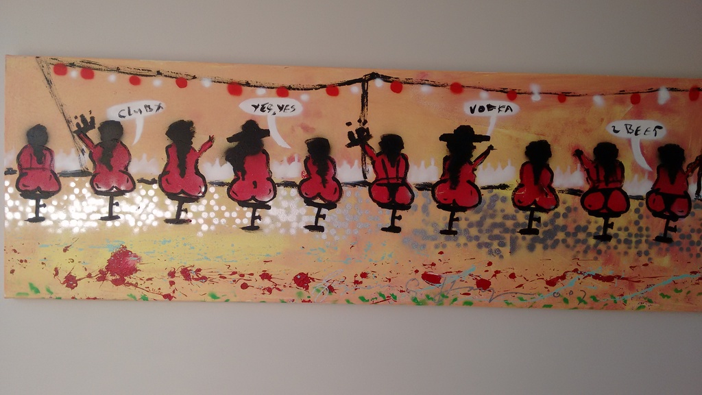 Espen Greger Hagen schilderij, bar ladies, 160 x 75 cm verkocht voor € 240!